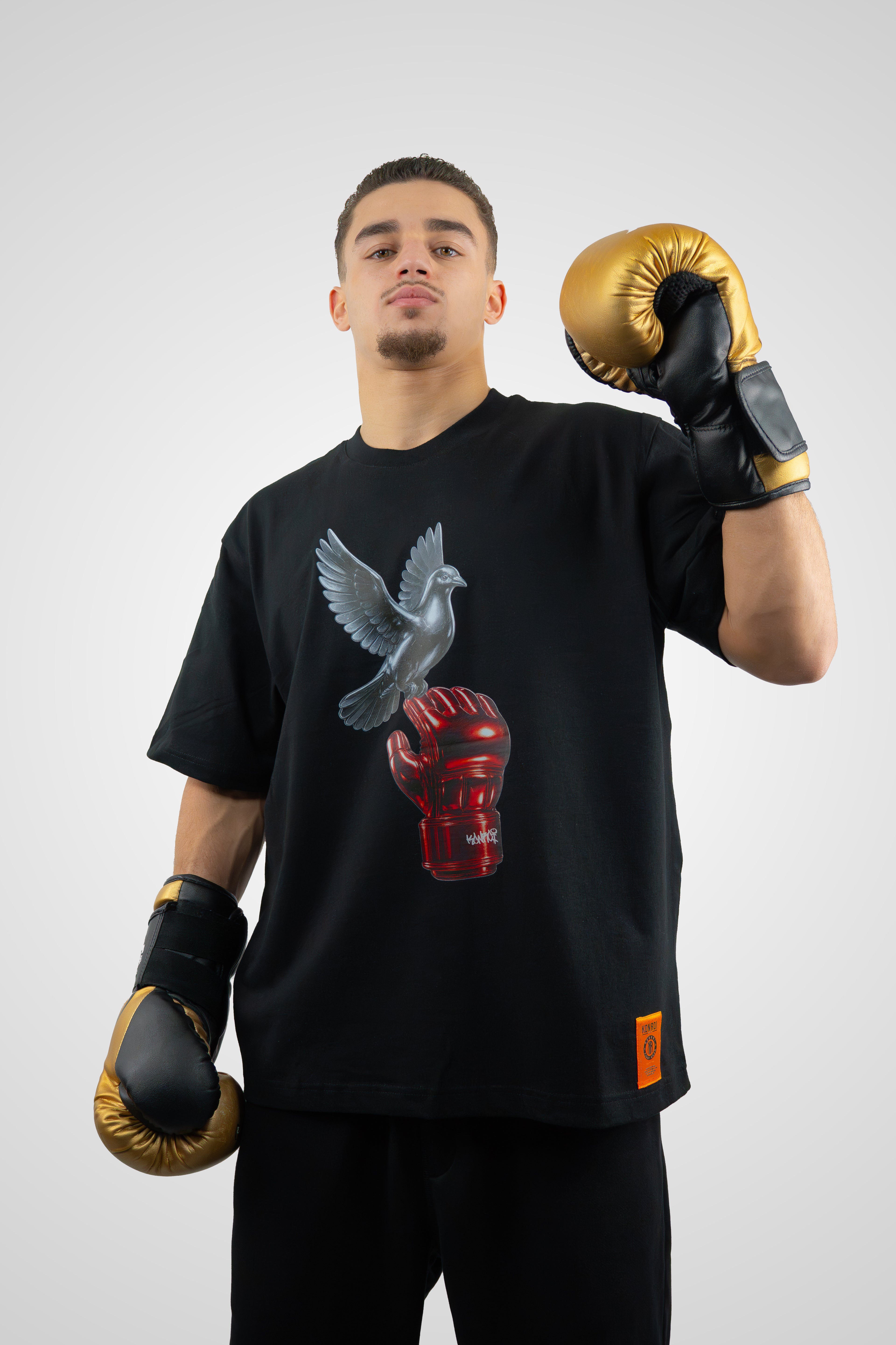KONROI Fightwear - “Pigeon on MMA Gloves” Black Oversized MMA T-Shirt