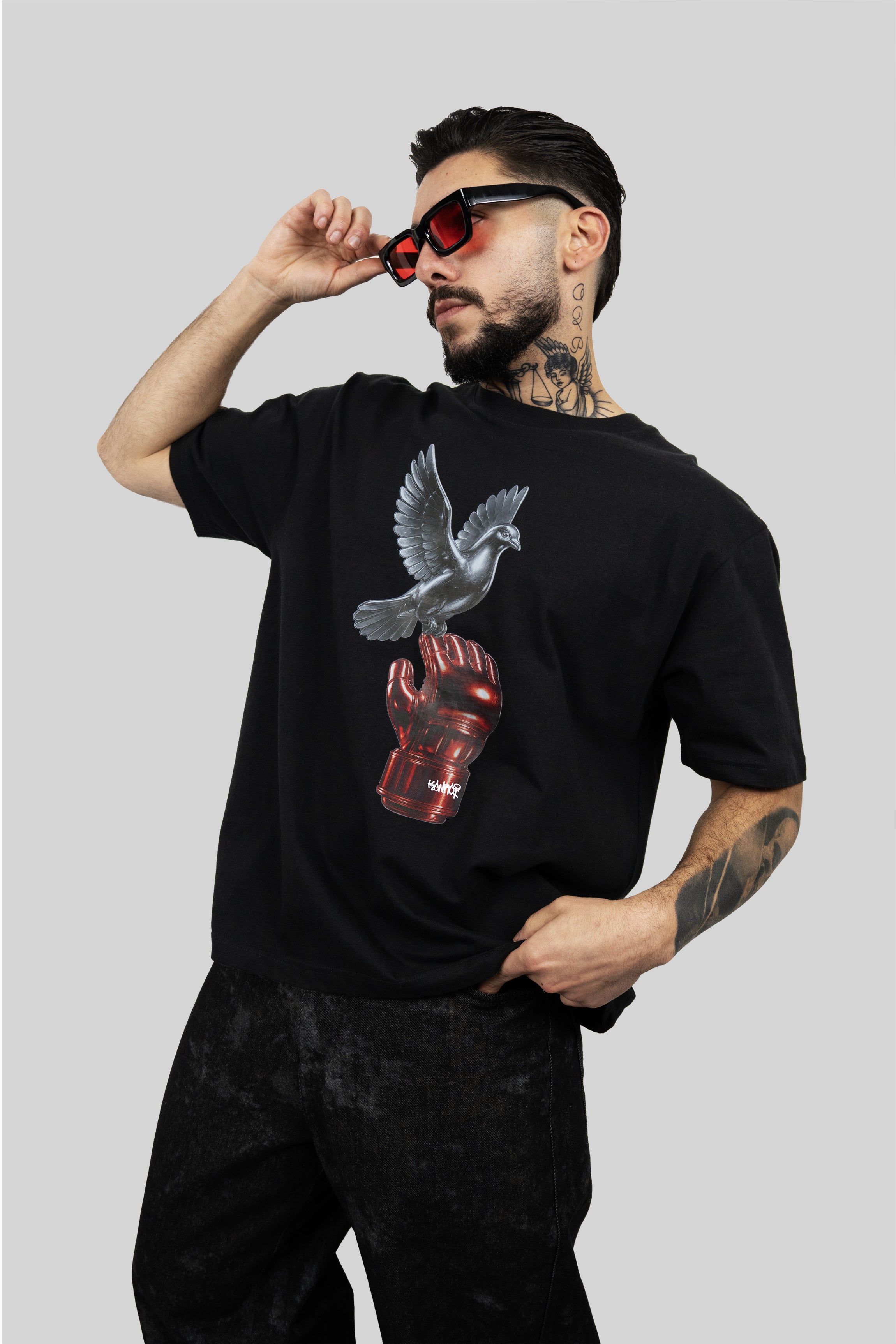 KONROI Fightwear - “Pigeon on MMA Gloves” Black Oversized MMA T-Shirt