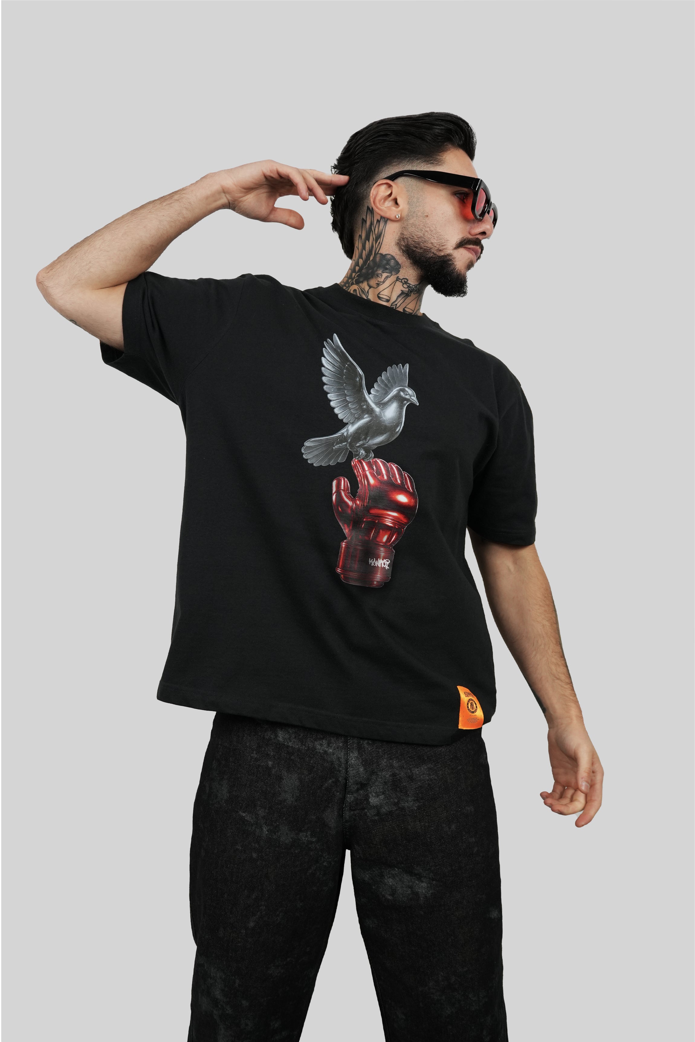 KONROI Fightwear - “Pigeon on MMA Gloves” Black Oversized MMA T-Shirt